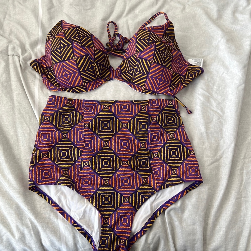 Purple, orange and yellow high waisted two piece
